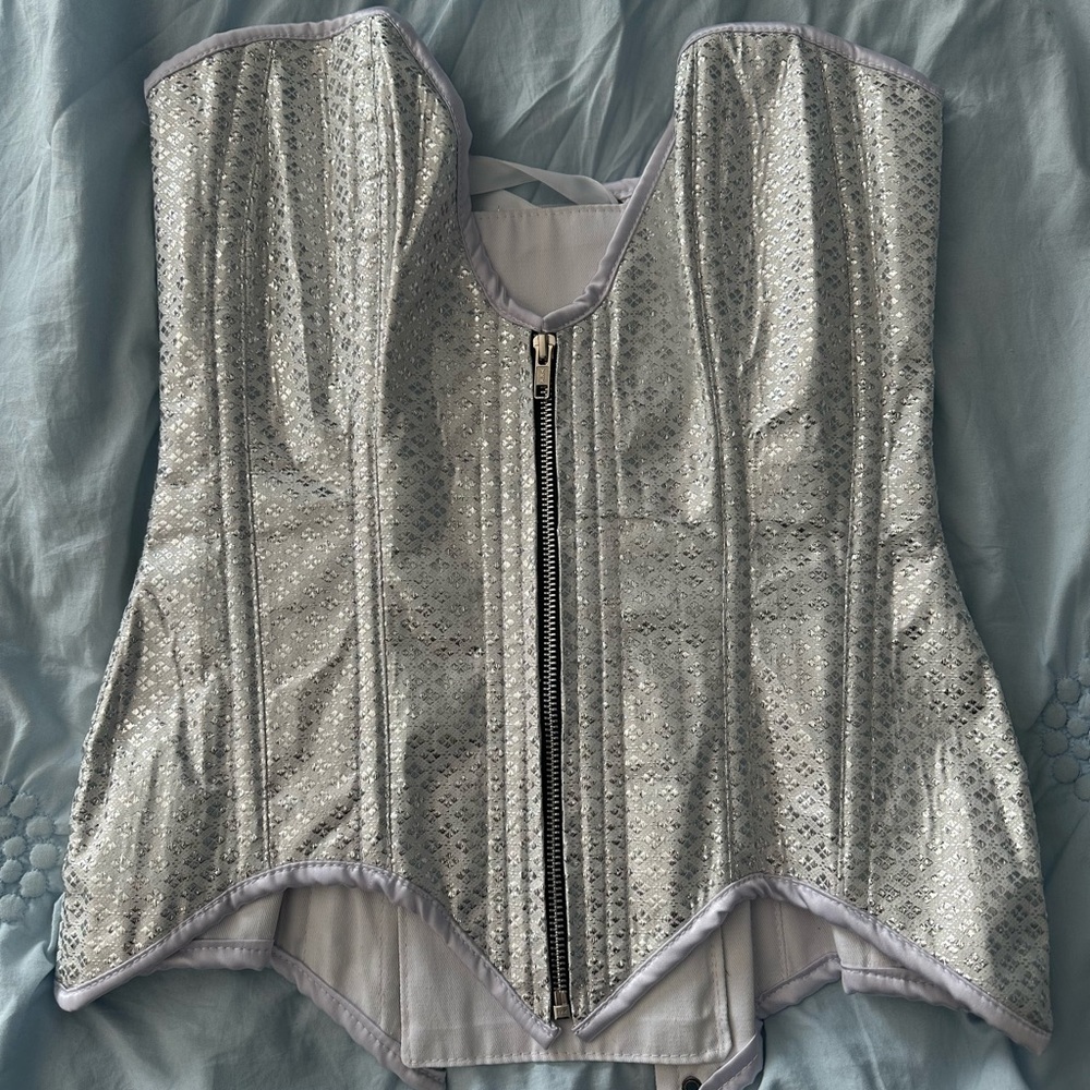 Heavy Duty Steel Boned Overbust Jamawar Waist Trainer Front Zipper Corset.